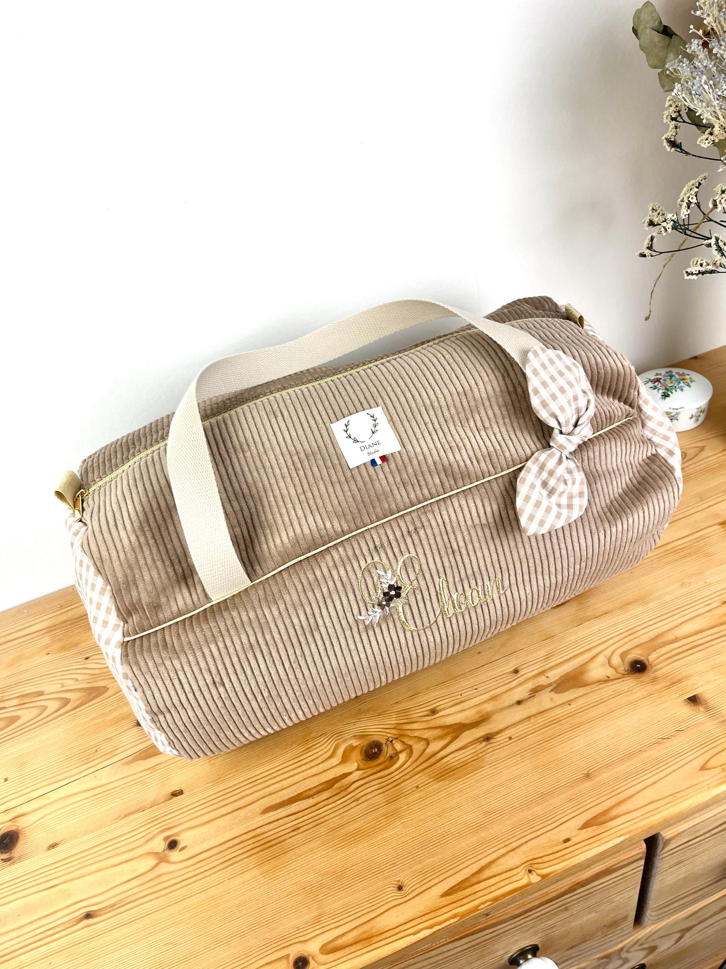 Louison le sac polochon enfant velours camel et vichy beige