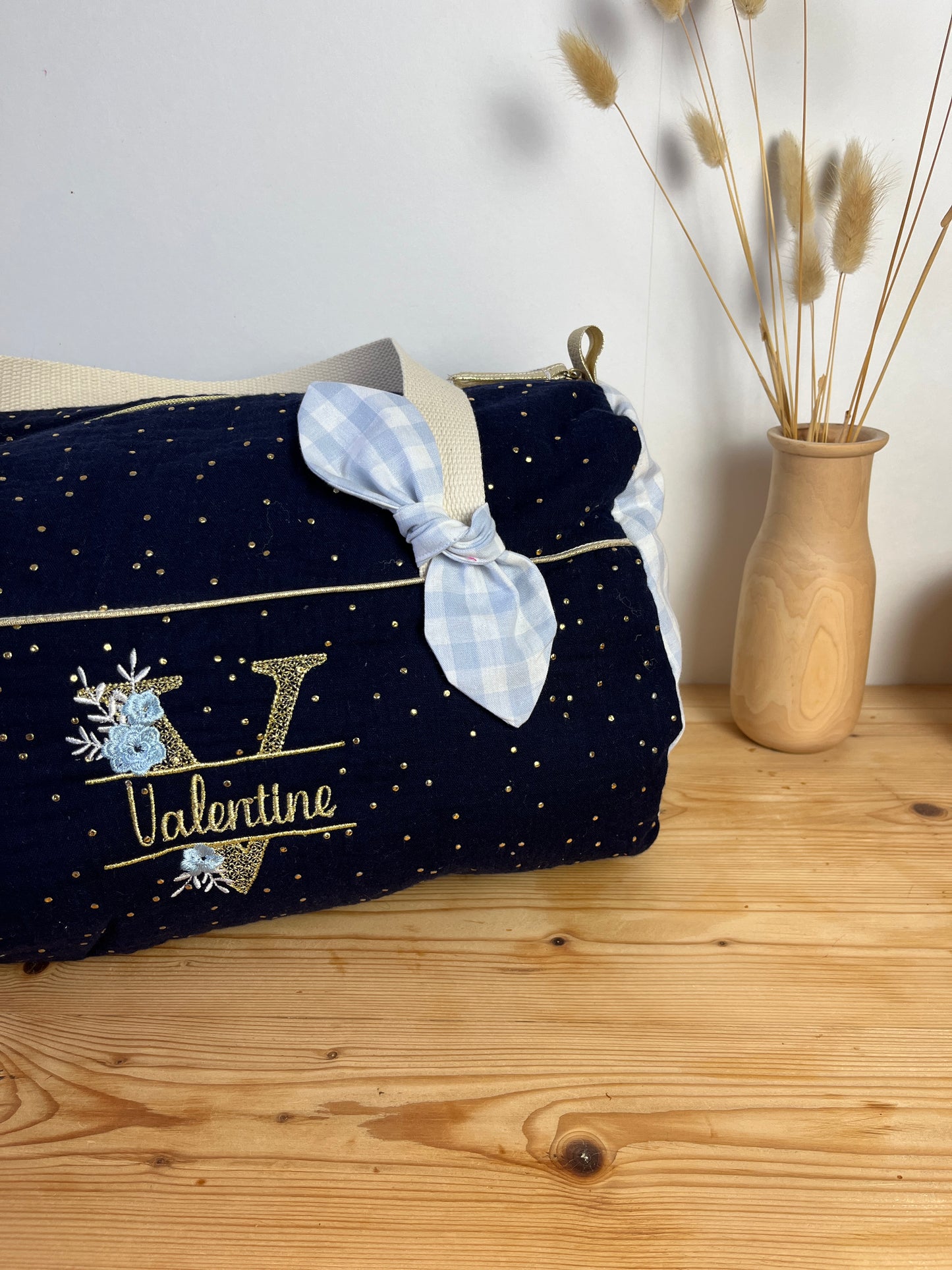 Louison le sac polochon enfant Bleu nuit doré et vichy