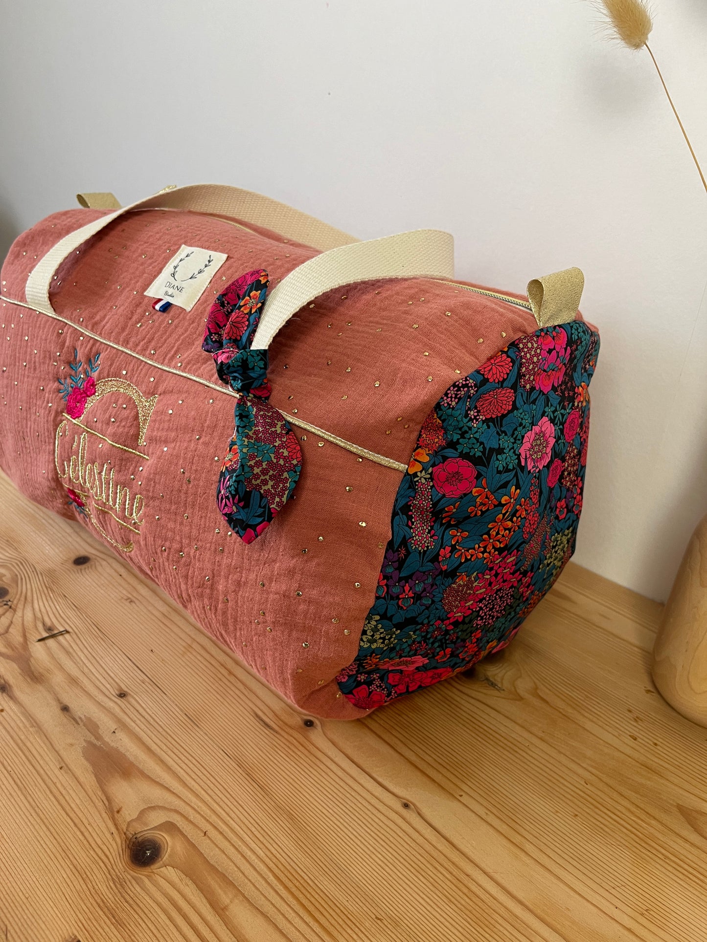 Louison le sac polochon enfant Liberty Ciara pétrole et tomette doré