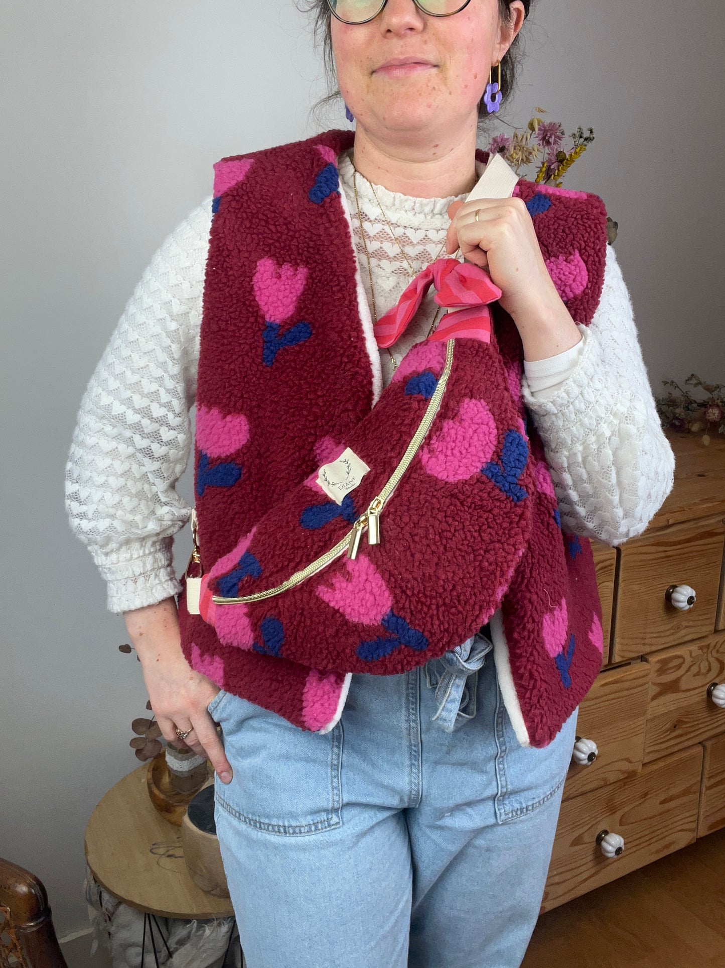 NOUVEAU ! Le sac banane Eléonore sherpa tulipes roses