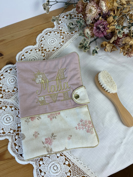 Mahé le protège carnet velours rose et jacquard roses