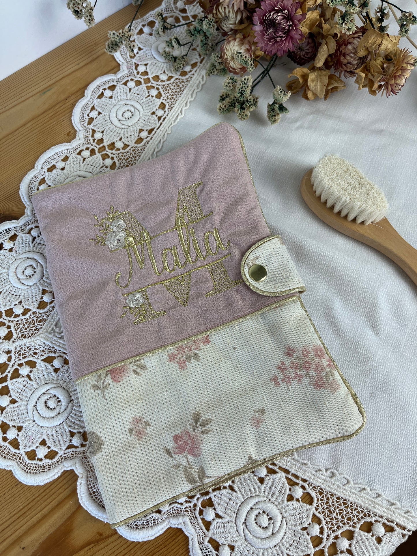 Mahé le protège carnet velours rose et jacquard roses