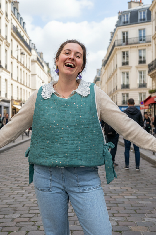 Le pull Joséphine gaze eucalyptus et polaire doudou