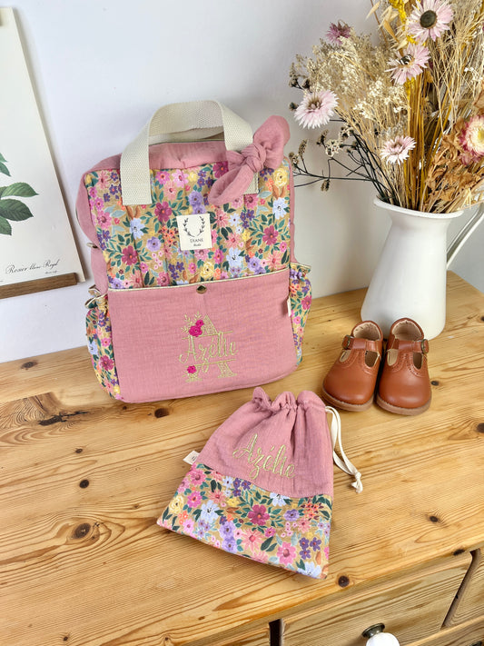 Ensemble : sac Ombeline initiale dentelle, et pochon coordonné gaze thé et bloom
