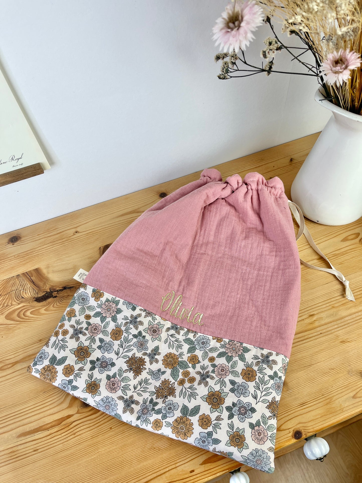 Pochon personnalisé marion et gaze rose thé