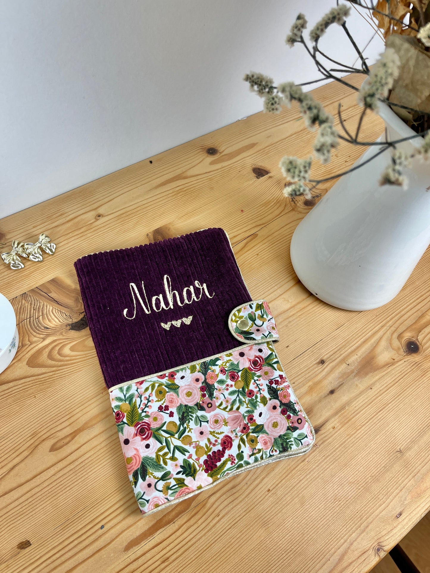 Mahé le protège carnet velours prune et garden party rose