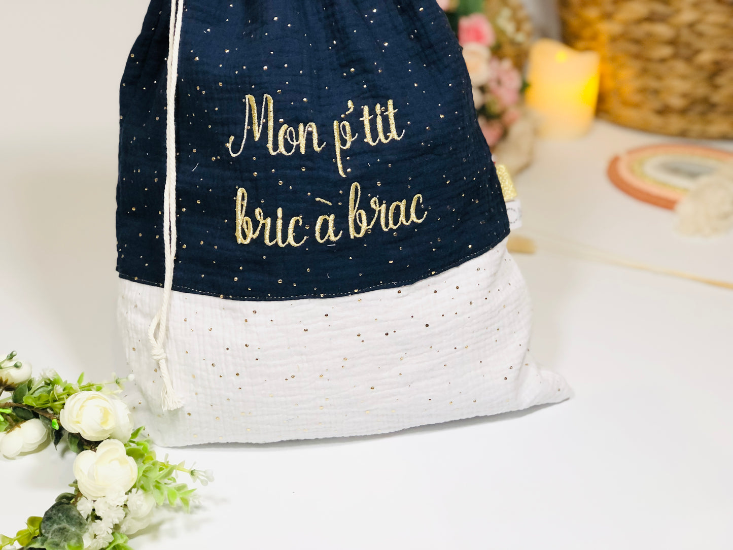 Pochon personnalisé blanc et marine