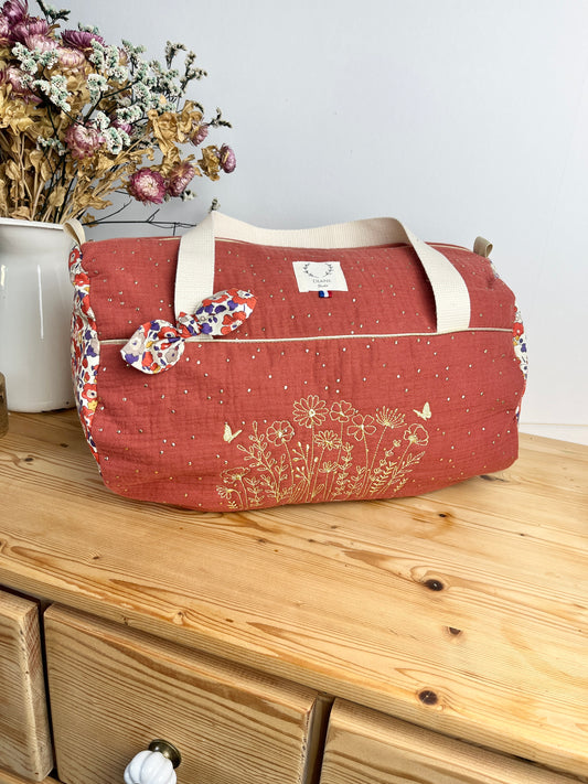 Louison le sac polochon enfant Broderie prairie et papillons doré