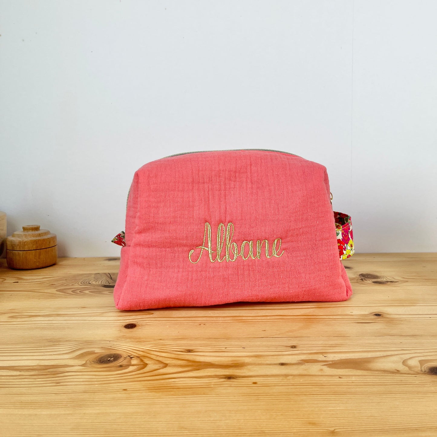 Trousse de toilette Liberty of London margaret annie B et double gaze corail