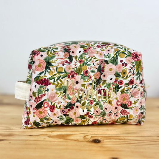 Trousse de toilette garden party prune et double gaze coeur rouges