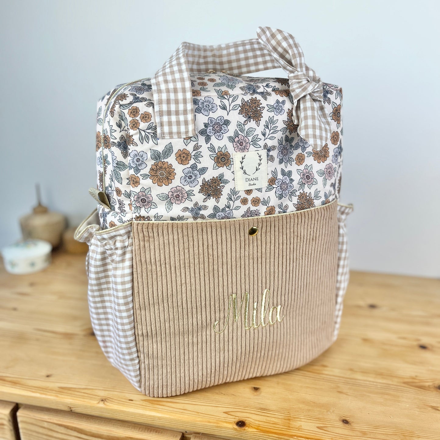Le sac à dos Angélique velours et vichy camel, tissu marion