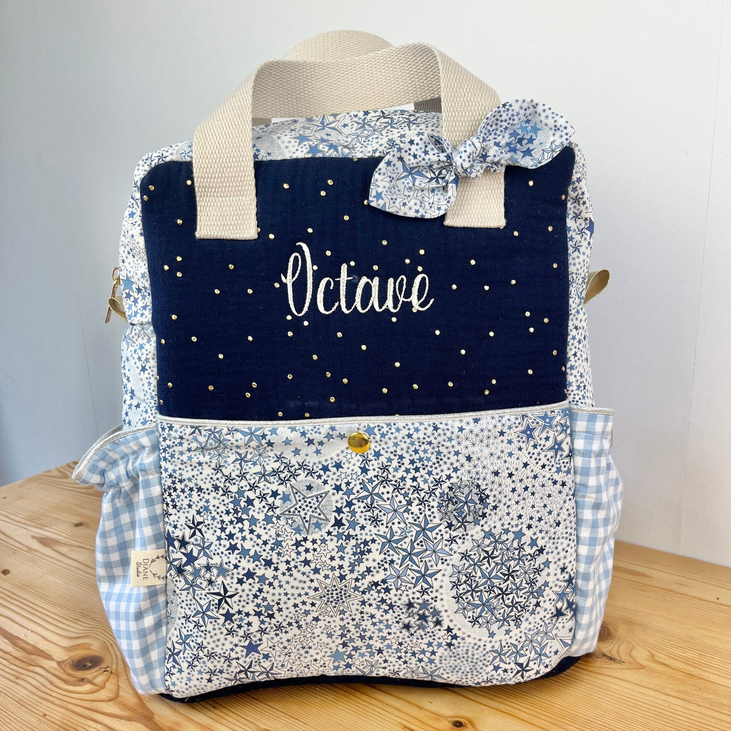 Le sac à dos enfant Ombeline double gaze marine et liberty Adelajda bleu