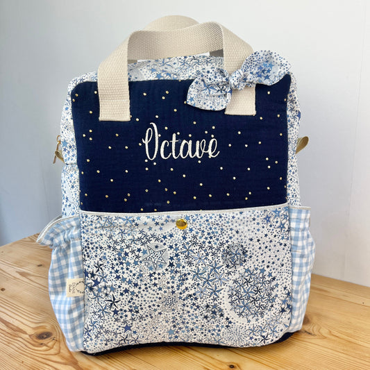 Le sac à dos enfant Ombeline  double gaze marine et liberty Adelajda bleu