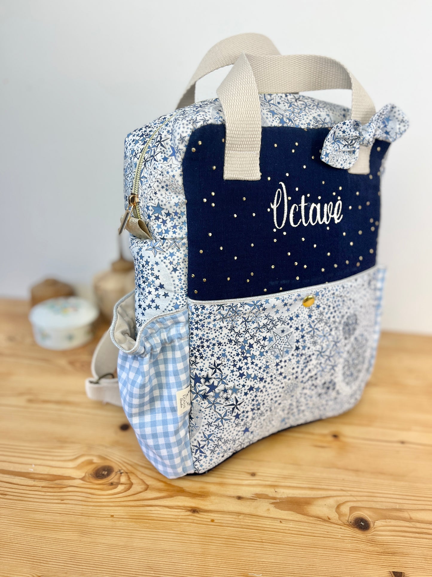Le sac à dos enfant Ombeline double gaze marine et liberty Adelajda bleu