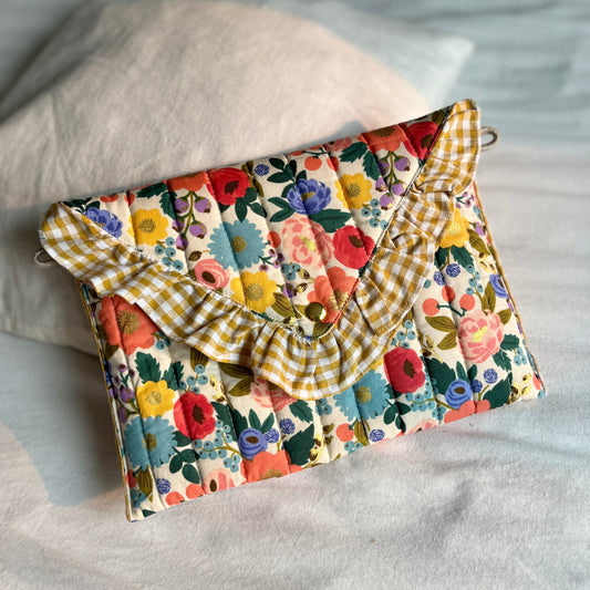 Sac pochette matelassée vintage garden crème et vichy moutarde