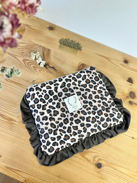 The Jeanne leopard print gauze clutch with velvet ruffles