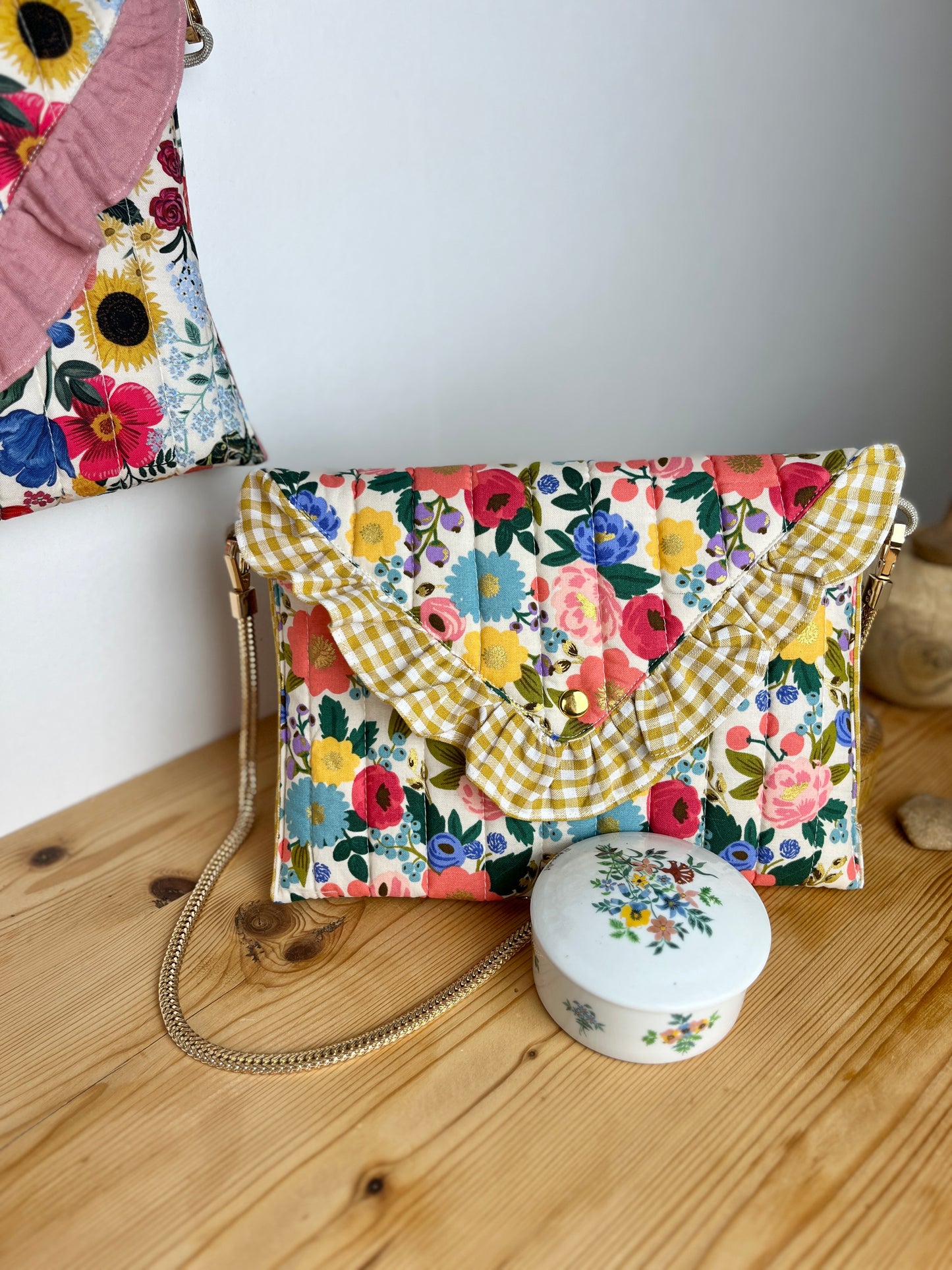 Sac pochette matelassée vintage garden crème et vichy moutarde