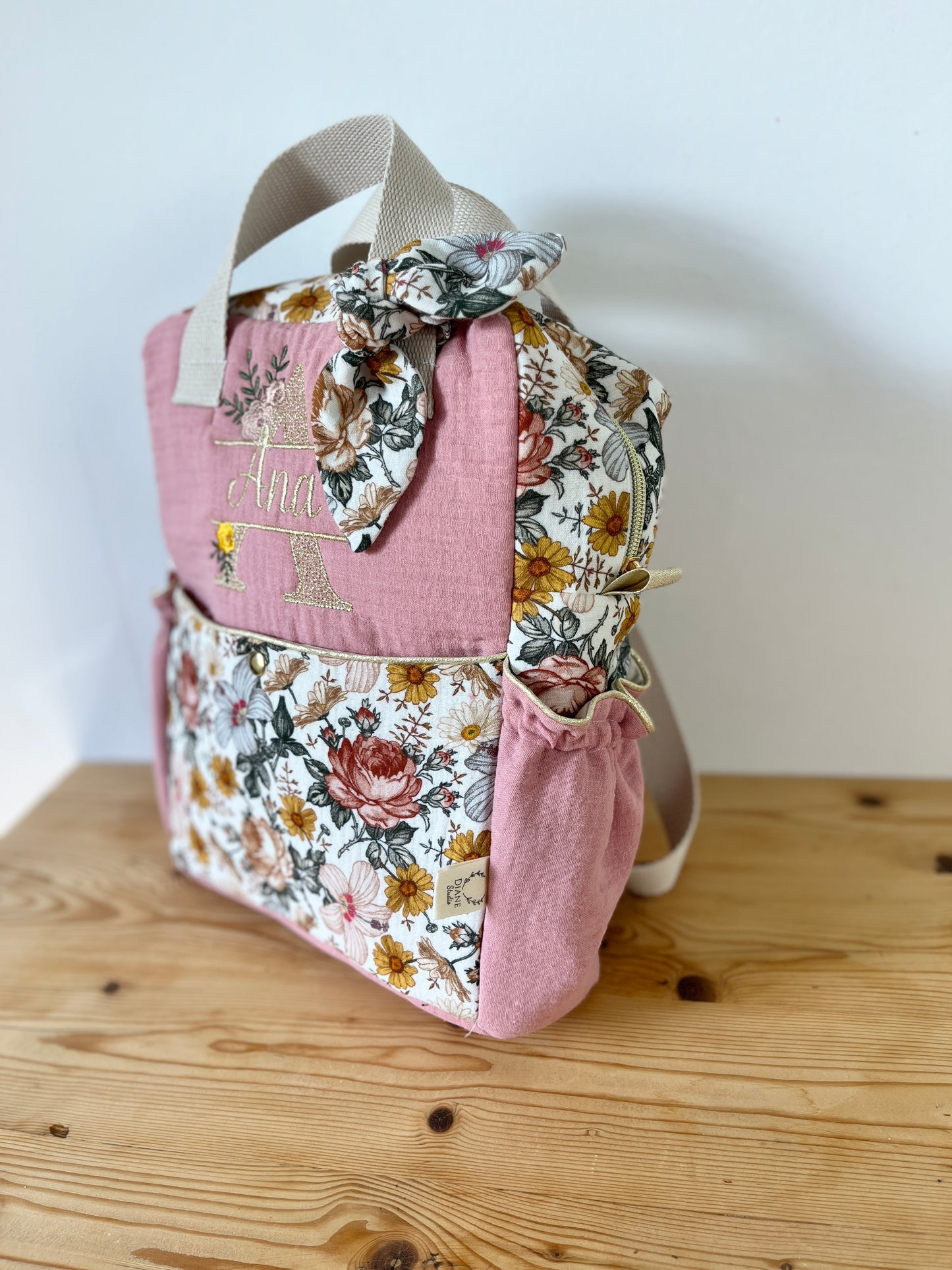 Le sac à dos enfant Ombeline double gaze rose thé et vintage
