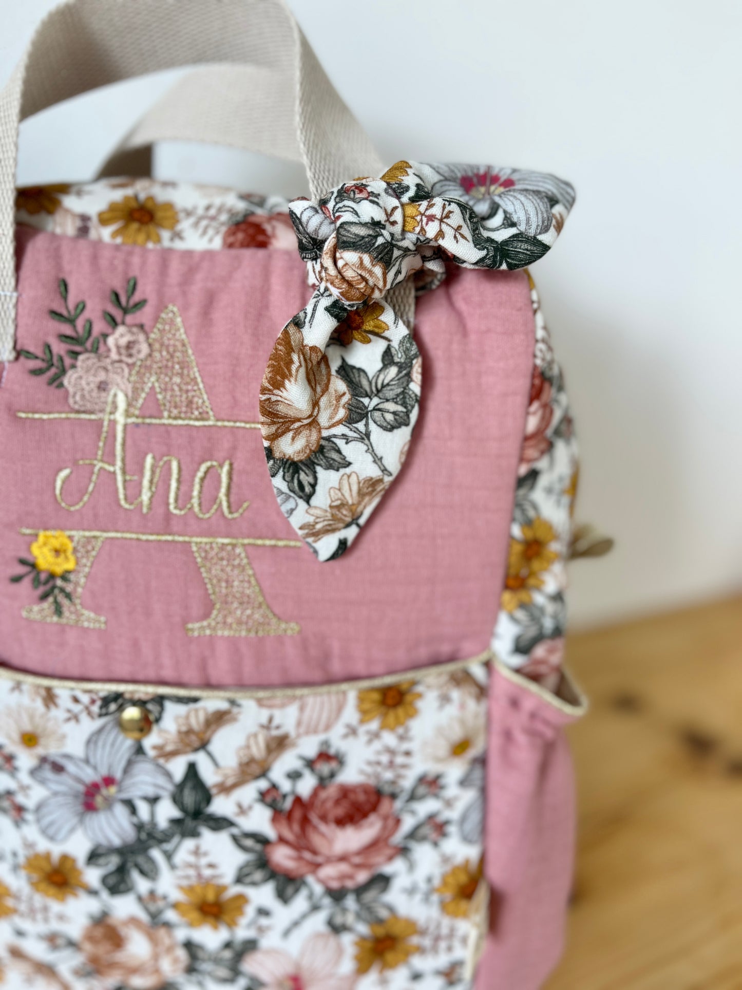Le sac à dos enfant Ombeline double gaze rose thé et vintage