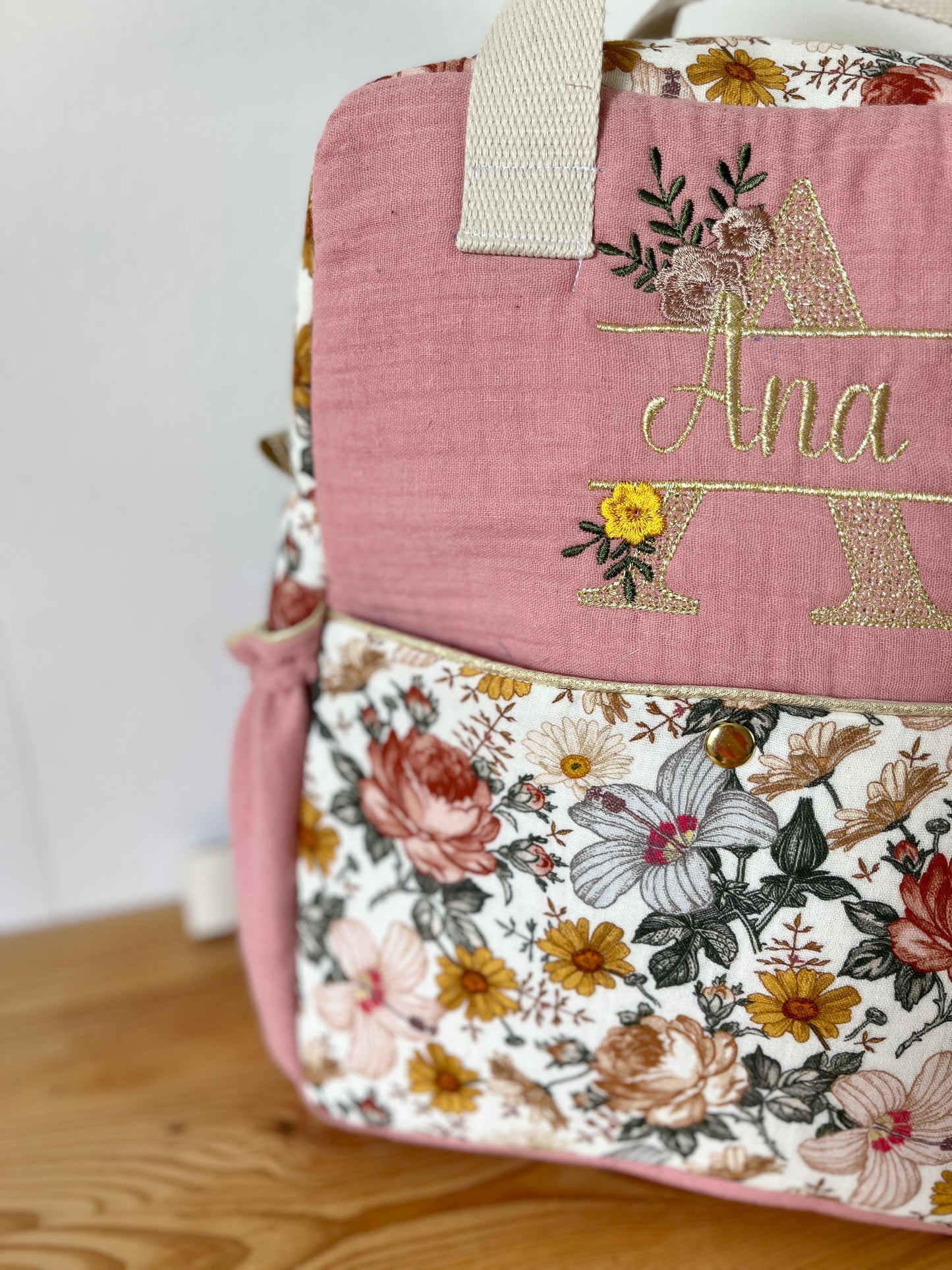 Le sac à dos enfant Ombeline double gaze rose thé et vintage