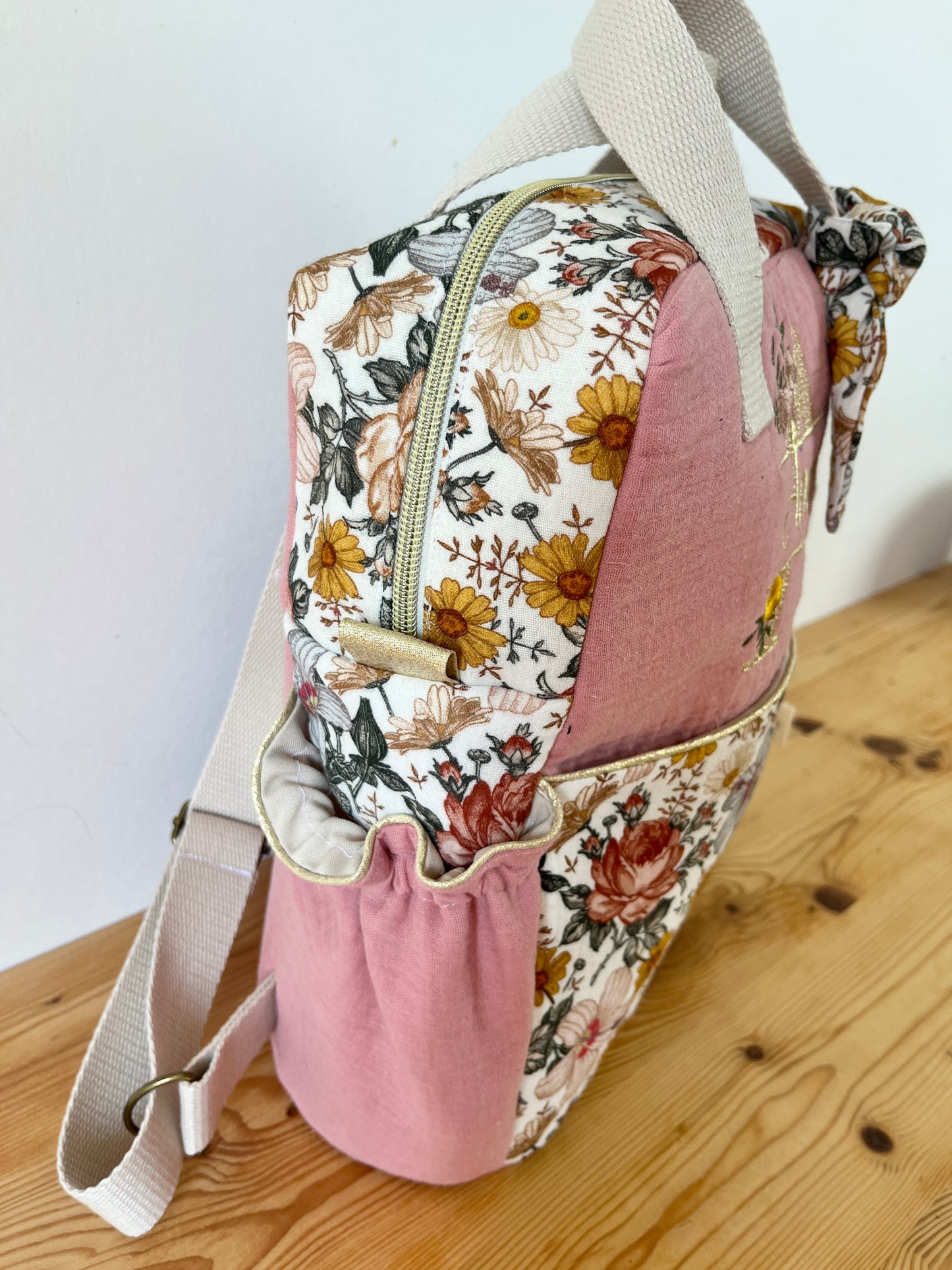 Le sac à dos enfant Ombeline double gaze rose thé et vintage