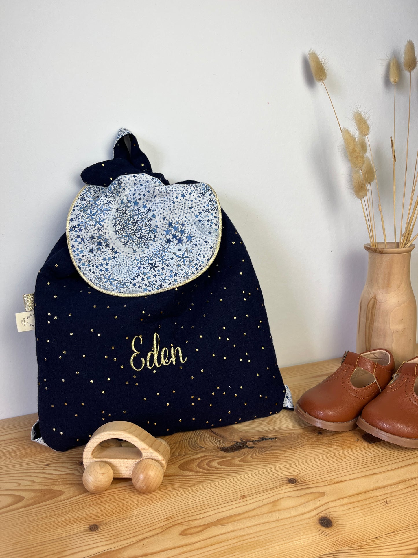 Le sac à dos enfant personnalisé Églantine Liberty of London Adelajda et bleu nuit doré