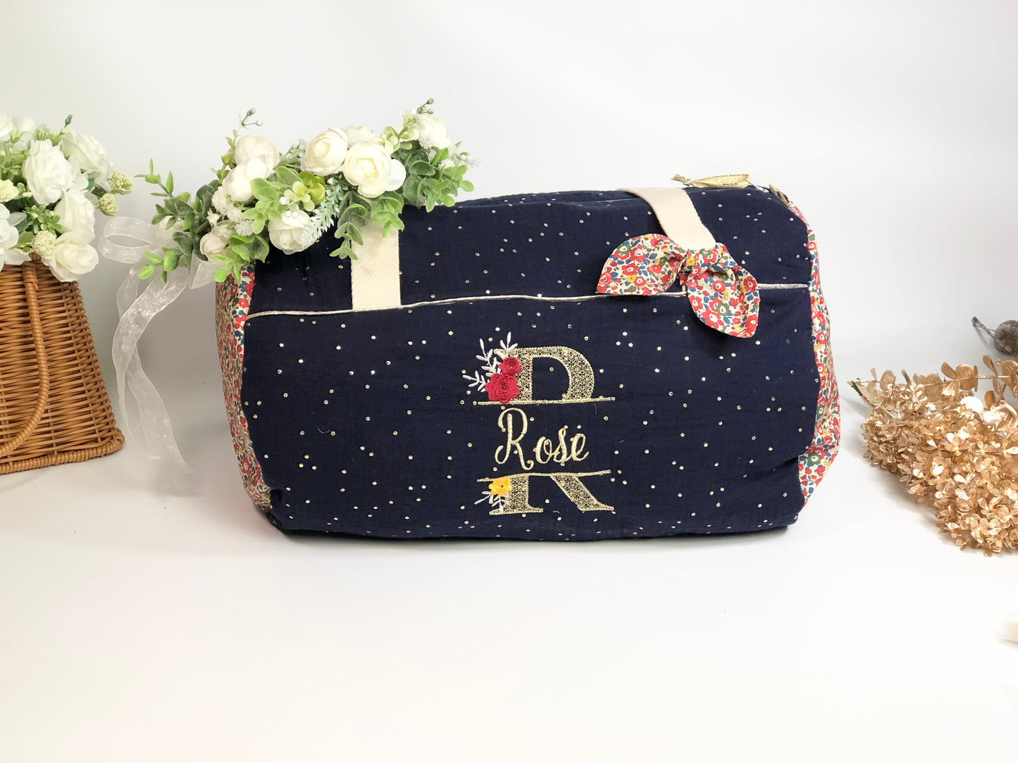 Louison le sac polochon enfant bleu nuit doré et Liberty Betsy garance
