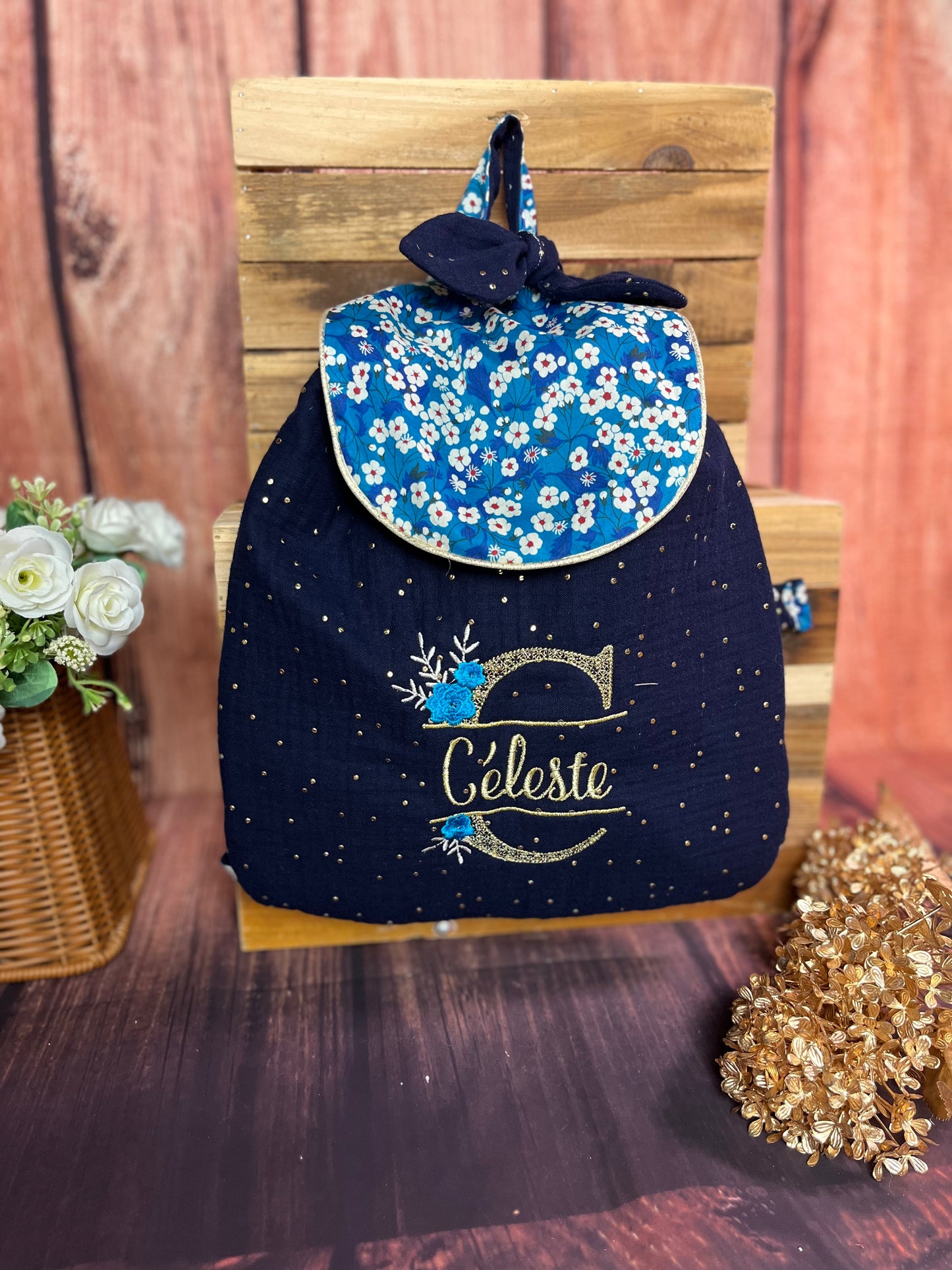 Le sac à dos enfant personnalisé Églantine Liberty of London mitsi outremer et bleu nuit doré