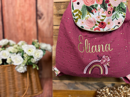 Le sac à dos enfant personnalisé Églantine bois de rose doré et garden party