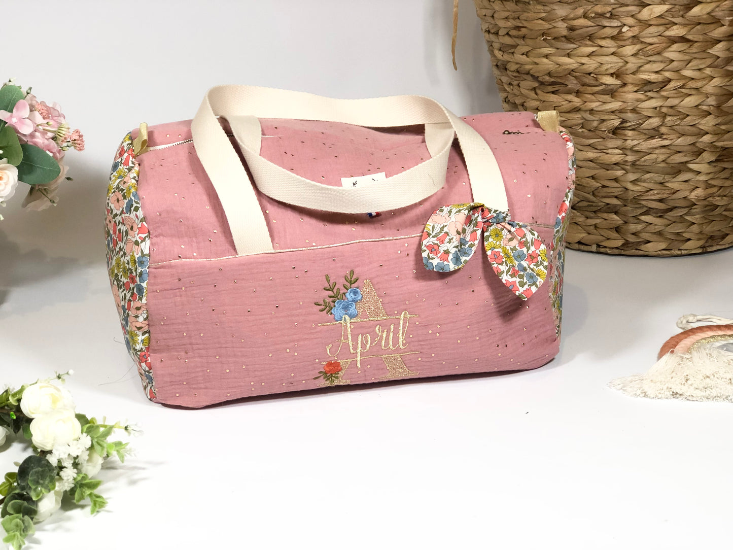 Louison le sac polochon enfant rose thé doré et poppy moutarde