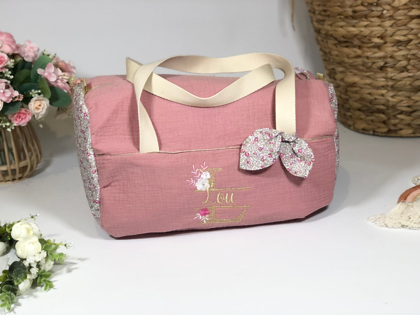 Louison le sac polochon enfant rose thé et Liberty Eloïse
