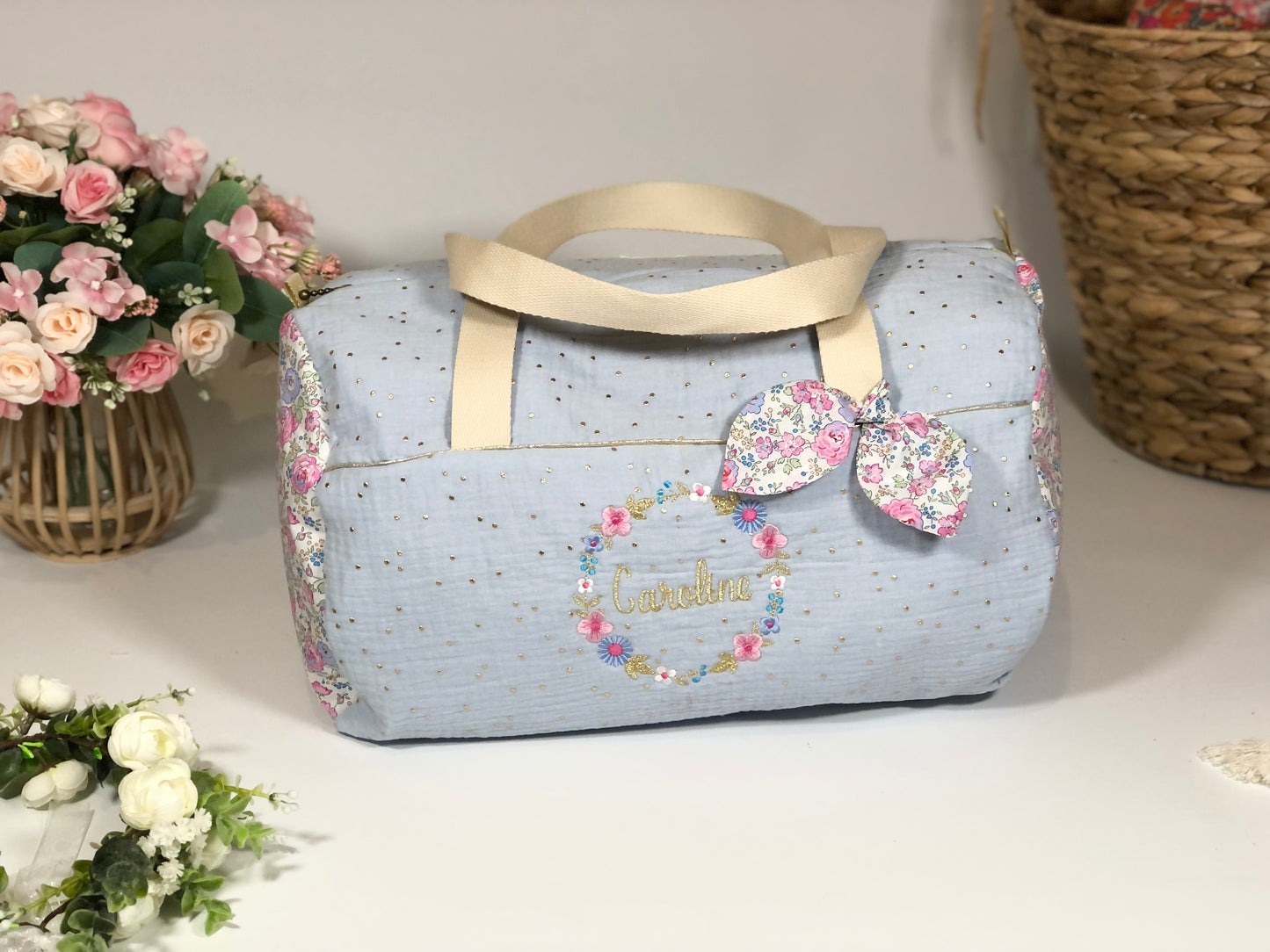 Louison le sac polochon enfantbleu ciel doré et Liberty Félicité