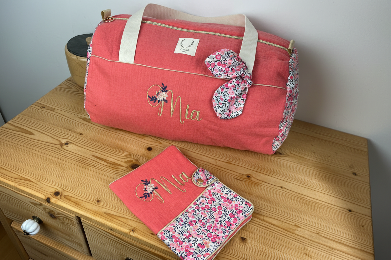 Ensemble : sac polochon et protège carnet Liberty senteur et gaze Corail initiale florale