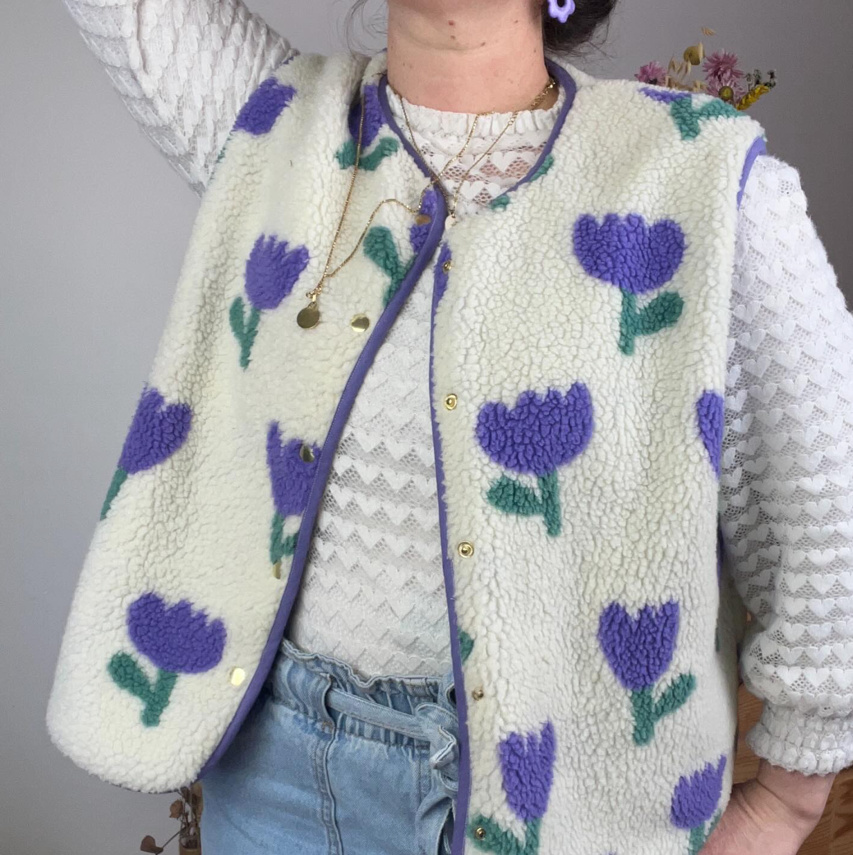 Prototype gilet Albane tulipes mauves - Taille M