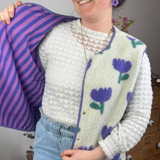 Prototype gilet Albane tulipes mauves - Taille M