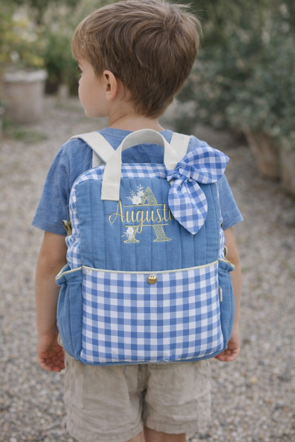 Le sac à dos enfant Ombeline matelassé gaze et vichy bleu ciel