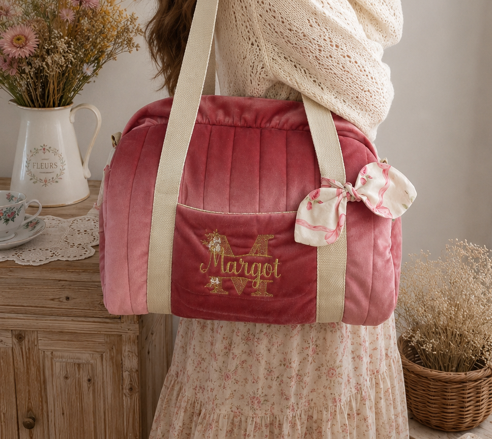 Sac Louison velours rose thé initiale dentelle