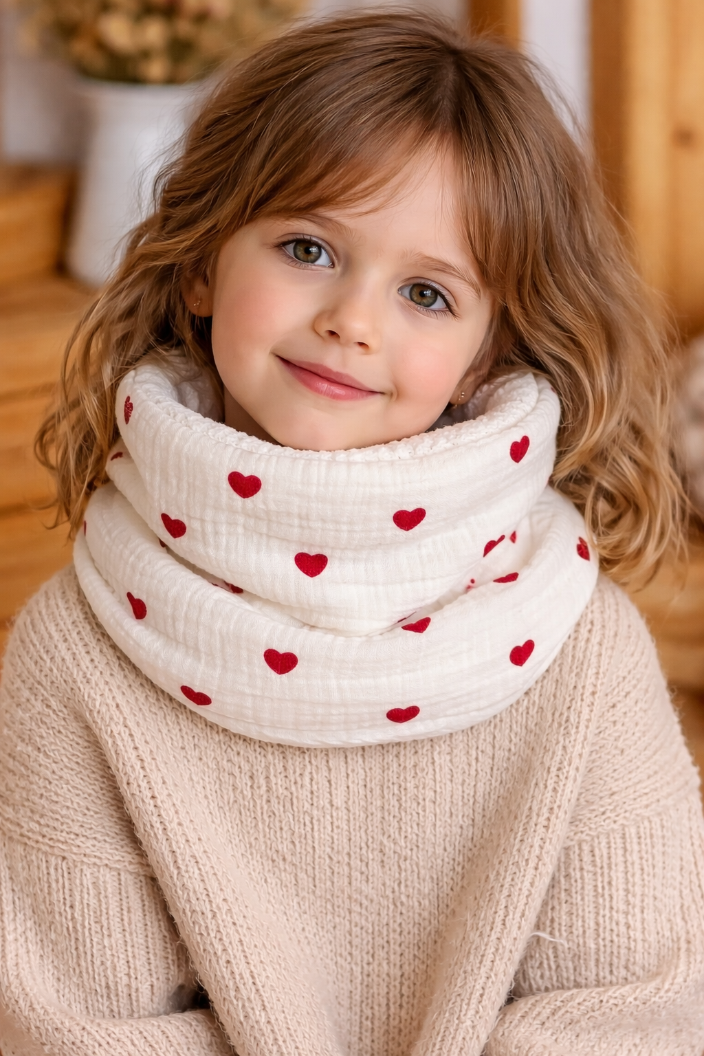 Le tour de cou enfant double gaze coeurs rouges