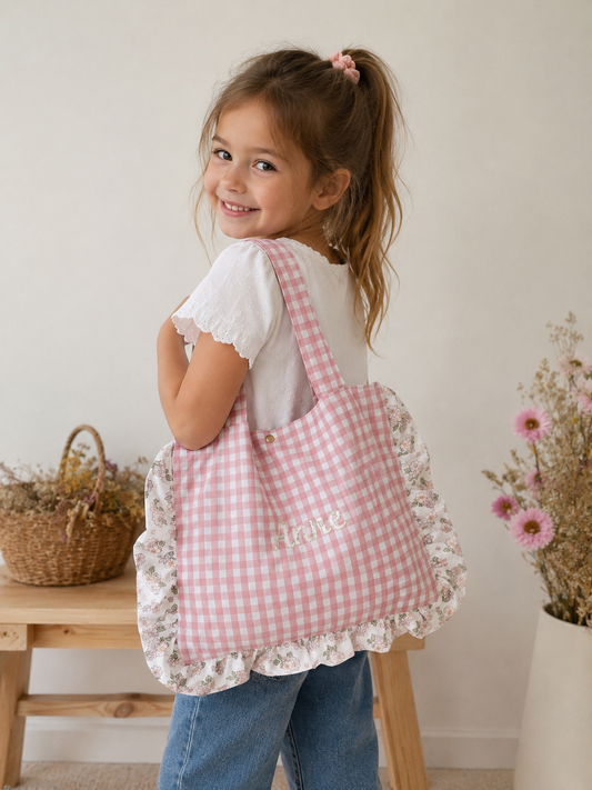 The small ruffled tote bag is 100% customizable.