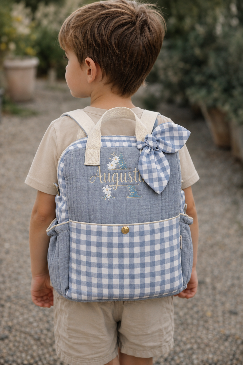 Le sac à dos enfant Ombeline gaze et vichy bleu pastel