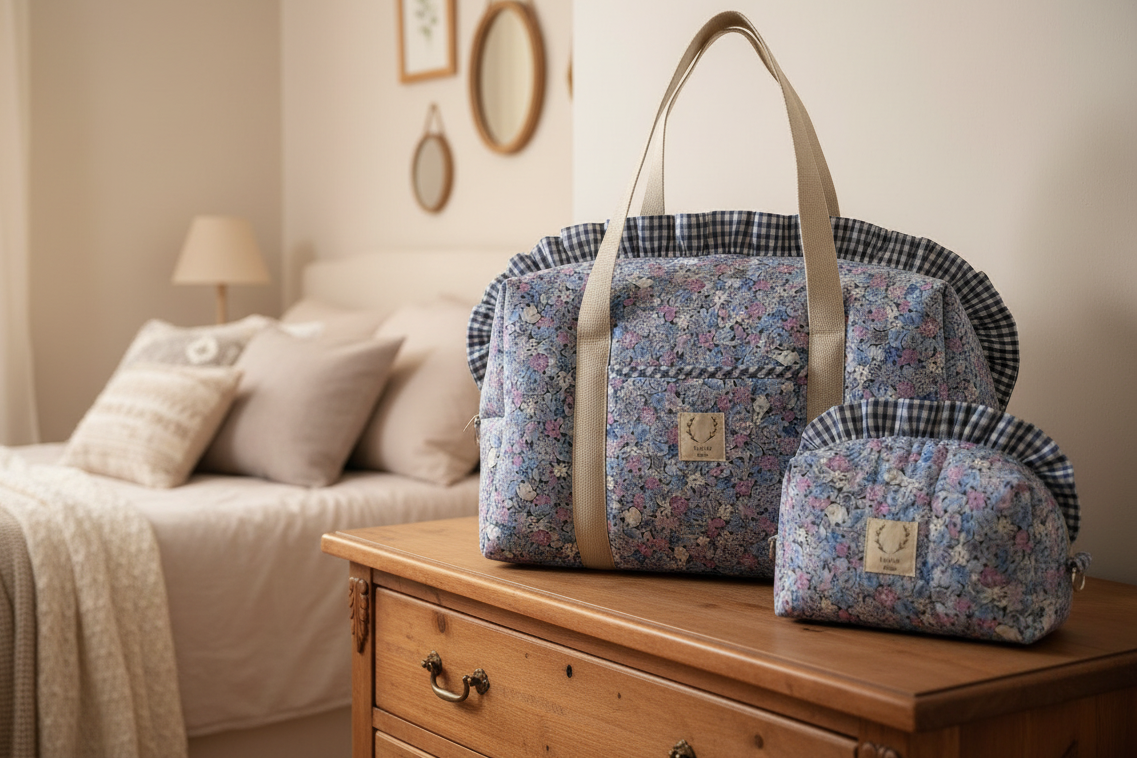 Ensemble sac Hélène et trousse de beauté volant matelassé