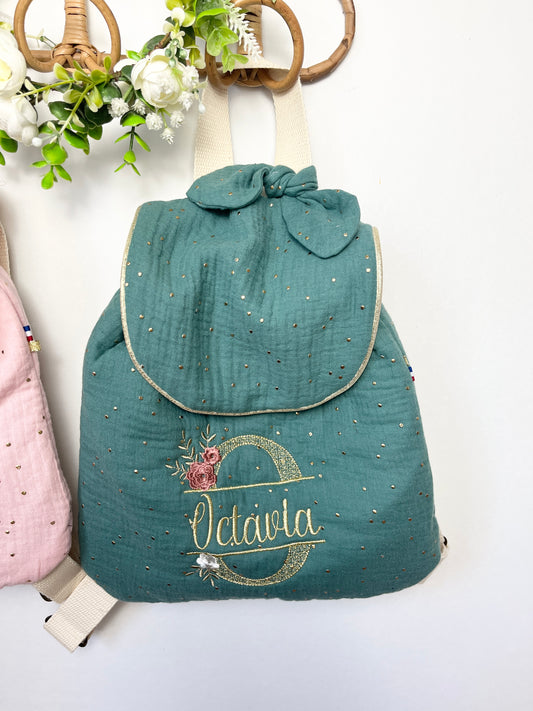 Le sac à dos enfant personnalisé Églantine eucalyptus doré