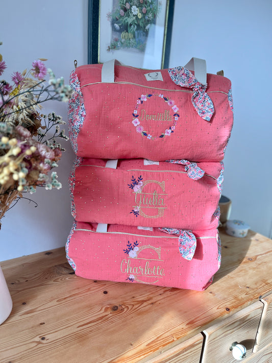 Louison  le sac polochon enfant corail doré et Liberty wiltshire Pois de senteur
