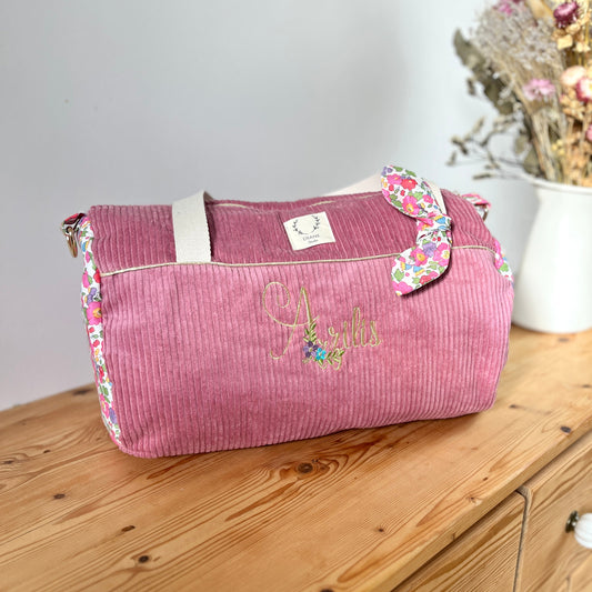 Louison le sac polochon enfant velours rose thé et Betsy fushia