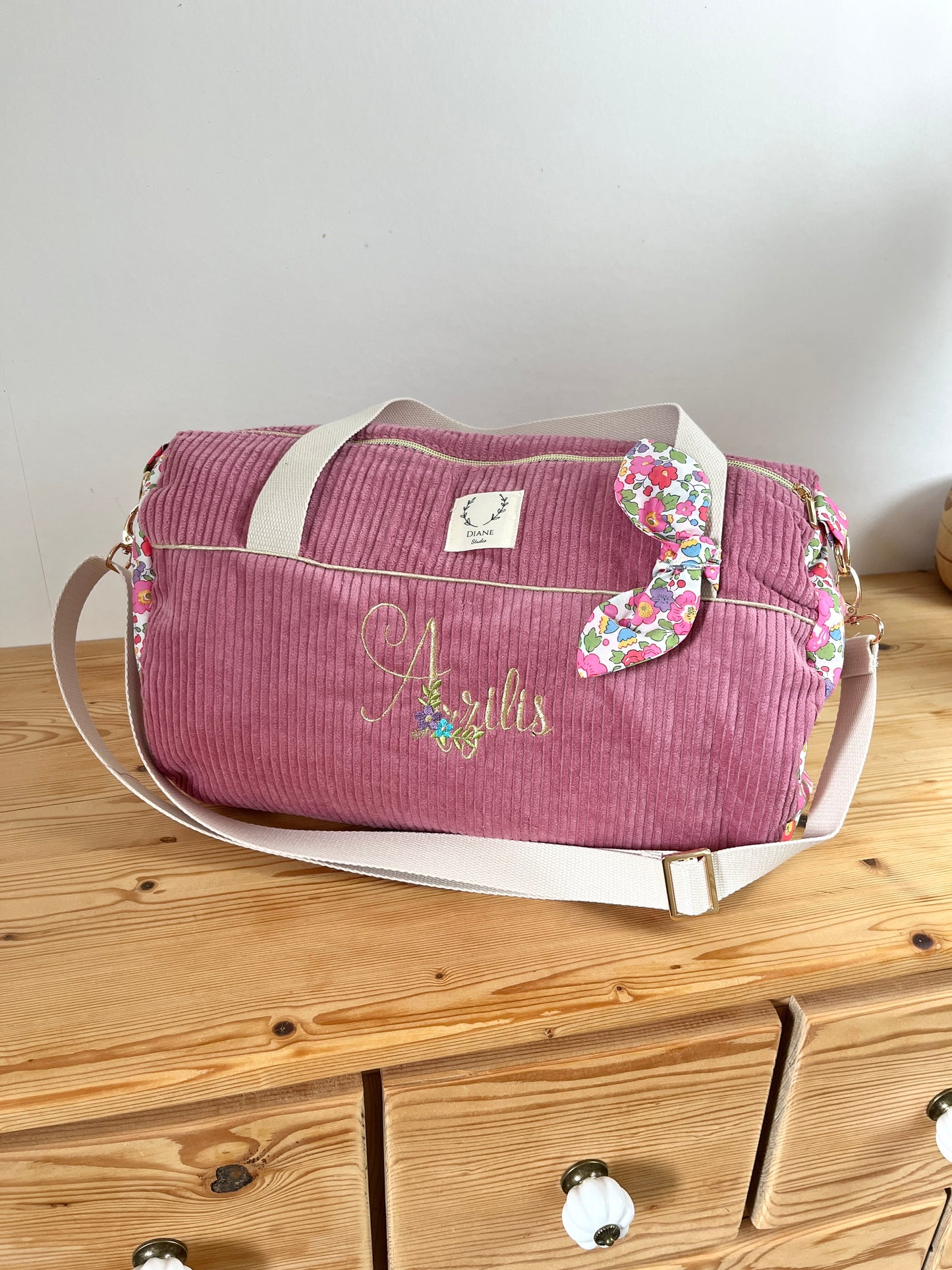 Louison le sac polochon enfant velours rose thé et Betsy fushia