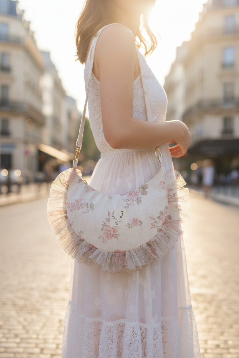 Milan le sac croissant jacquard roses et tulle pailleté Français-en stock