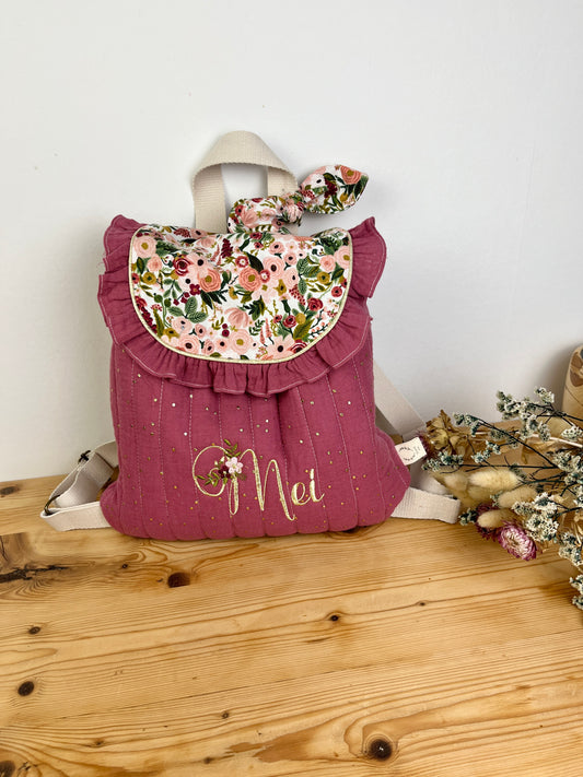Le sac à dos enfant personnalisé Églantine bois de rose et garden party