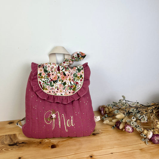 Le sac à dos enfant personnalisé Églantine bois de rose et garden party