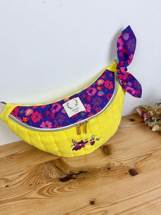 Le sac banane Eléonore matelassé léa violet et double gaze jaune