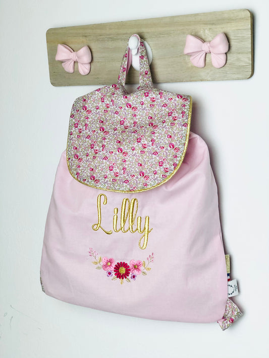 Le sac à dos enfant personnalisé Églantine gabardine rose et Liberty Eloïse